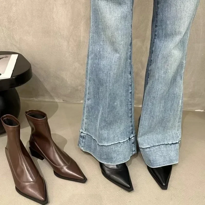 2024 Quality Ankle Women Boots Autumn New Modern Boots Elegant Solid Slip on Lady Shoes Sexy Pointed Mid Heels Street Punk Shoes