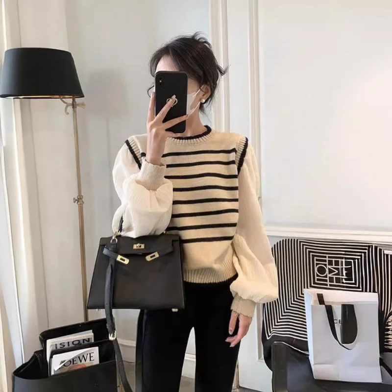 Women Long Puff Sleeve Patchwork Striped Fake Two-pieces Knitted Sweater Spring Autumn Korean Soft Glutinous Pullover Sweaters