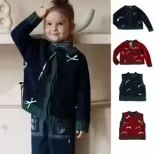 

Свитер для девочек, новый зимний красный модный теплый вязаный шерстяной свитер для девочек, детский жилет с бантом из чистого хлопка, детская одежда