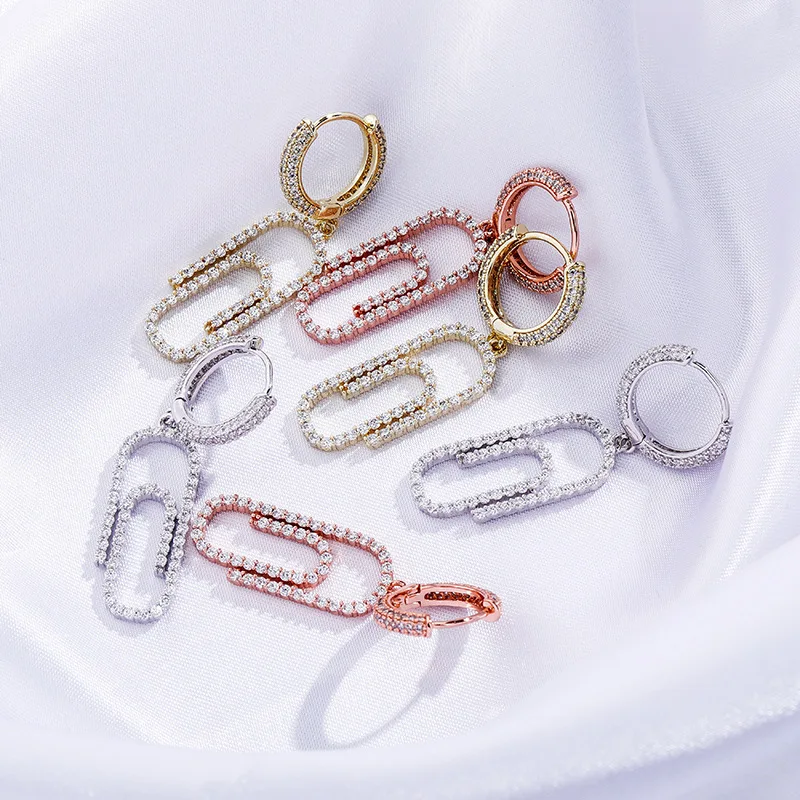 INS Trendy Shiny Cubic Zirconia Paperclip Drop Huggie Hoop Earrings Bling Dangle Earrings Women Hip Hop Party Accessories