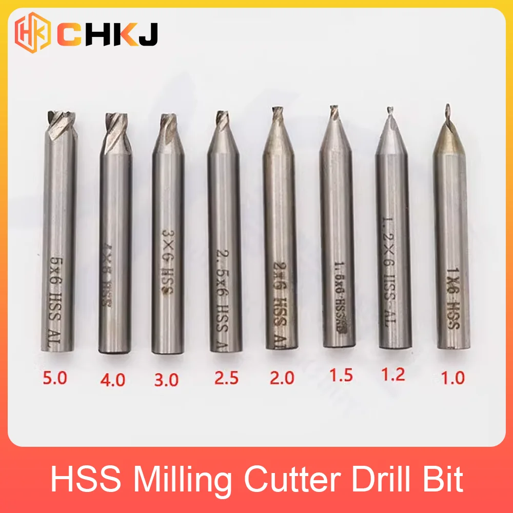 CHKJ 1 Set 1/1.2/1.5/2/2.5/3/4/5mm 4 Flutes High Speed Steel Milling Cutter Drill Bit HSS End Mill Straight Shank Locksmith Tool