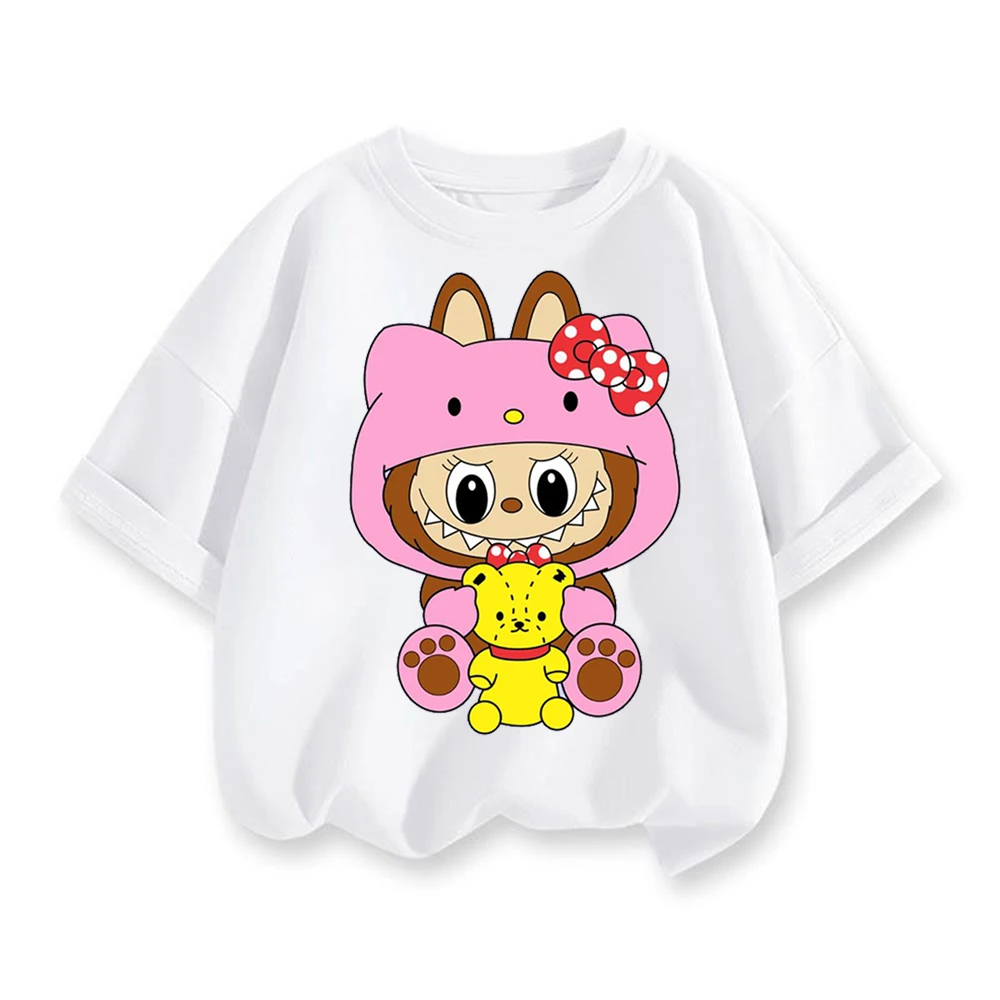 

Labubu Girl Cotton T Shirt Short Sleeve White Tee Cartoon Print Kids Black Tops Cute Casual Toddler T-shirts Summer Baby Clothes