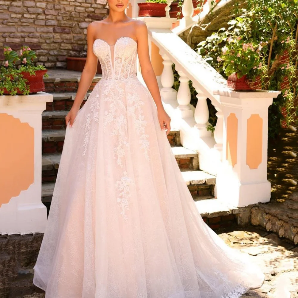 

Customized Wedding Dresses A-Line Lace Applique Bridal Gowns Luxury Sweetheart Neck Bride Robes Sleeveless vestido de novia