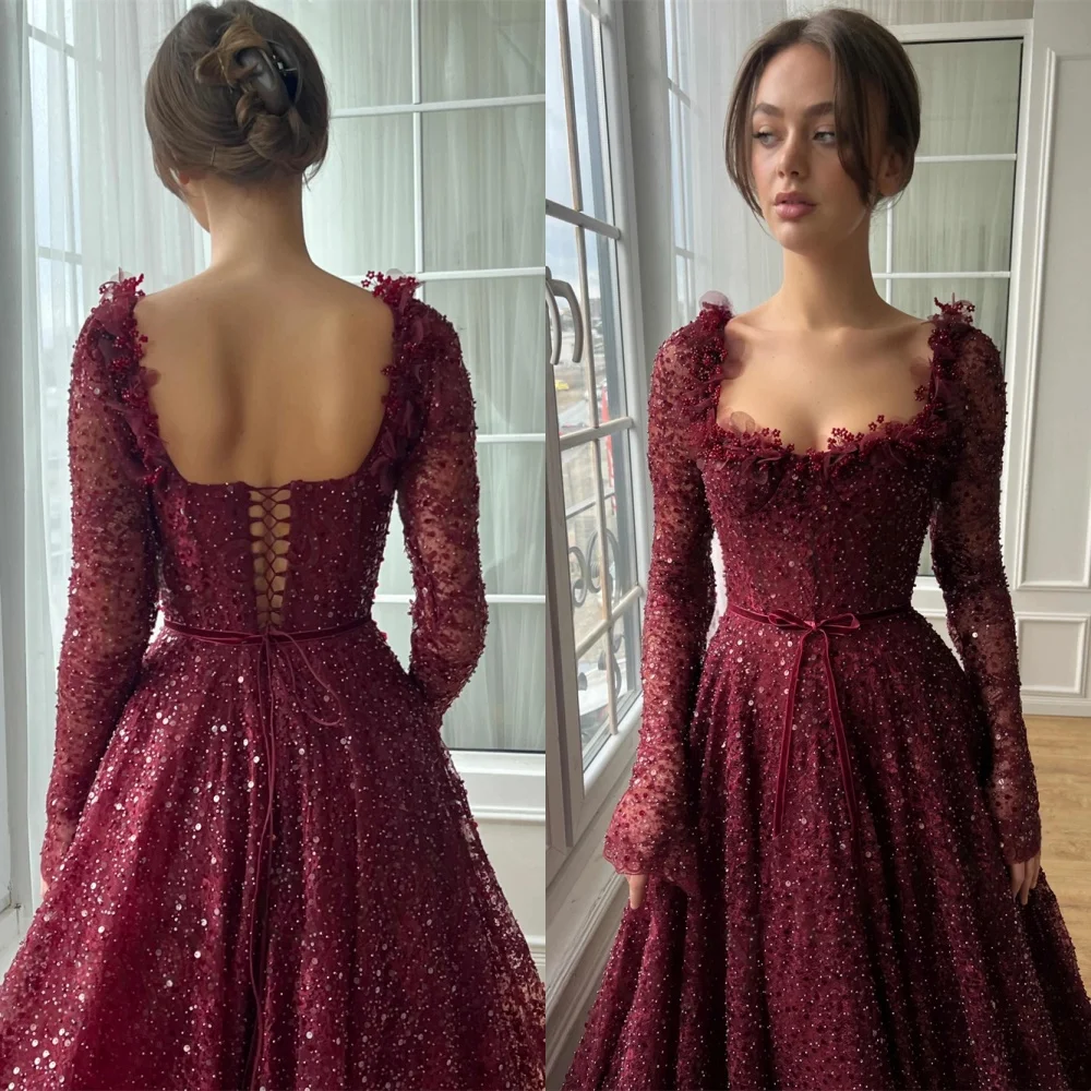 

Customized Luxury Burgundy Evening Dress High Quality Long Sleeves Homecoming Dresses Modern Lace Up Back Vestido De Festa