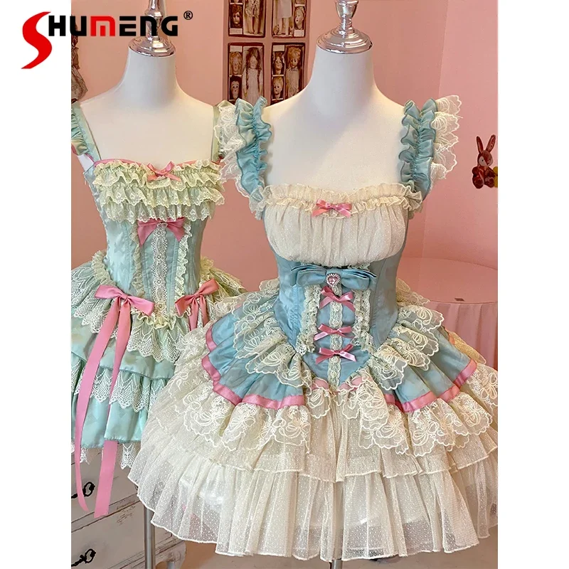 

Women's Lolita Dress Sweet Cute Girls Lace Splicing Bow Slim-Fit Suspender Dress Jsk Lady Elegant Short Princess Dresses Summer