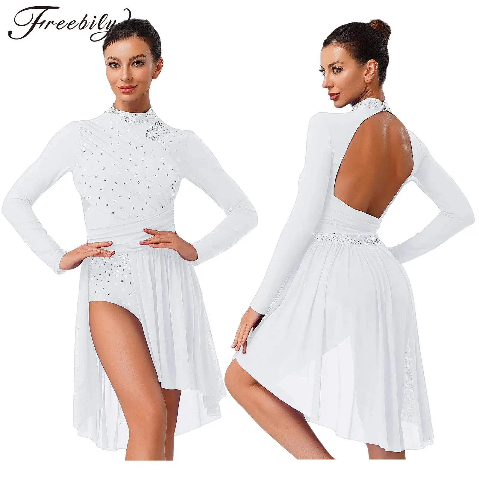 

Women Long Sleeve Rhinestone Mesh Modern Lyrical Dance Leotard Dress Figure Skating Gymnastics Acrobatics Performance Clothes