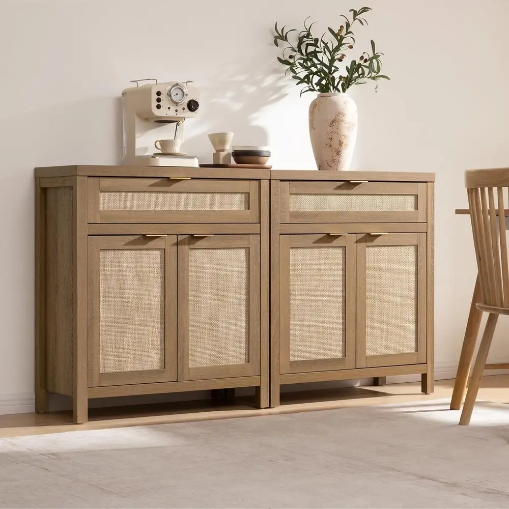 Natural Oak 2-Piece Rattan Storage Cabinet Set for Entryway, Living Room, or Coffee Bar