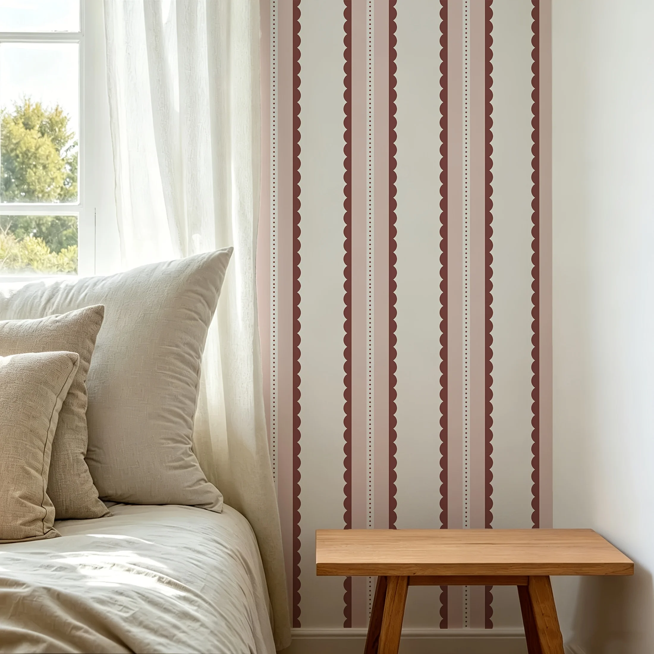 1PC Pink/Light Blue Scallop Stripe Wallpaper Vintage Inspired Striped Wall Decor, Peel And Stick Removable Wallpaper for Room Fa