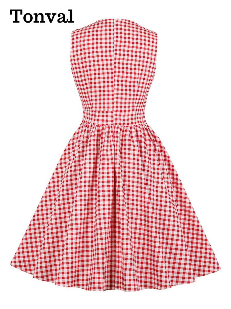 Tonval Turquoise and White Gingham Retro 50s Rockabilly Dress Women V-Neck Cotton Pleated Pockets Vintage Pinup Dresses