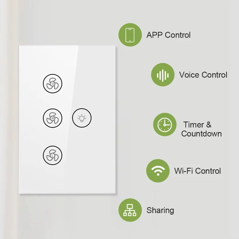 Tuya Wifi Smart Switch for Ceiling Fan LED Light Tuya Smart Life Alexa Google Voice Control Touch US Standard Wall Pannel