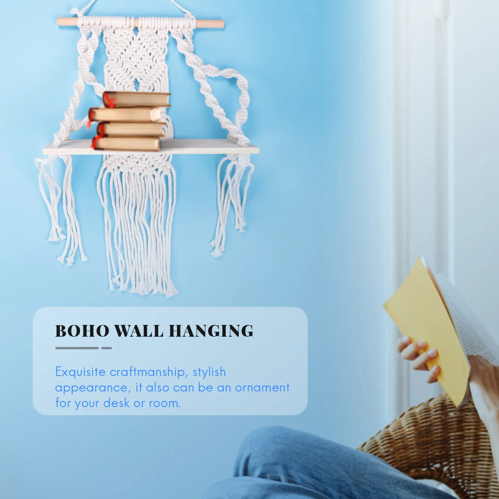 Boho Macrame Wall Hanging Shelf Handmade Woven Tassel Tapestry Rack Wood Floating Storage Hanger for Home Wall