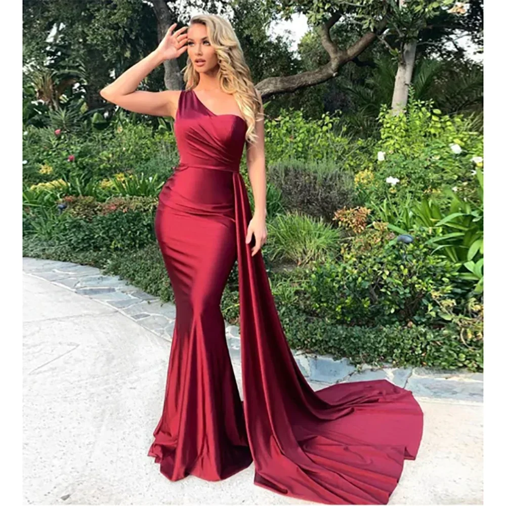 One Shoulder Padded Sexy Ruched Bridesmaids Dress Side Train Sleeveless Bodycon Evening Night Party Gown Burgundy Green Retro