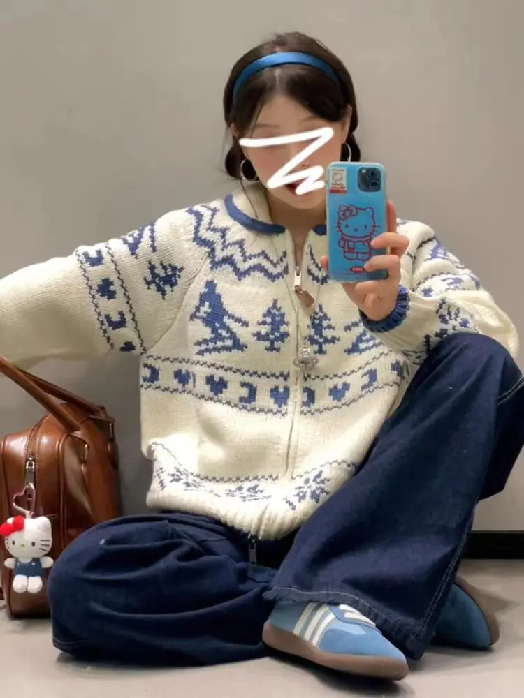 

Кардиган, женские свитера, пальто на молнии с длинным рукавом, рождественский жаккардовый повседневный свободный Y2k, уличная одежда, трикотаж, кардиган, осень-зима