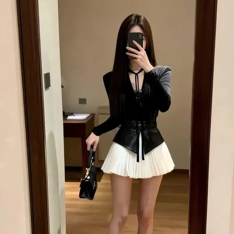 Spring Autumn Fashion Women Clothing French Cool New Collection Waist Tops High Waist Pleated Skirt Two Piece Set Wearing Style