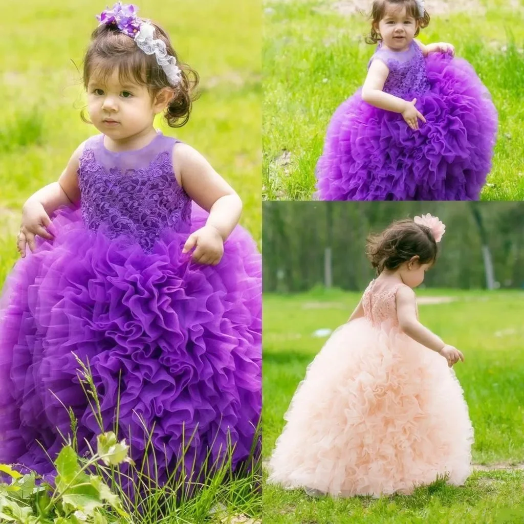 

Flower Girl Dress For Wedding Tulle Fluffy Wavy Sleeveless Floor Length Princess Kids Birthday Party First Communion Ball Gowns