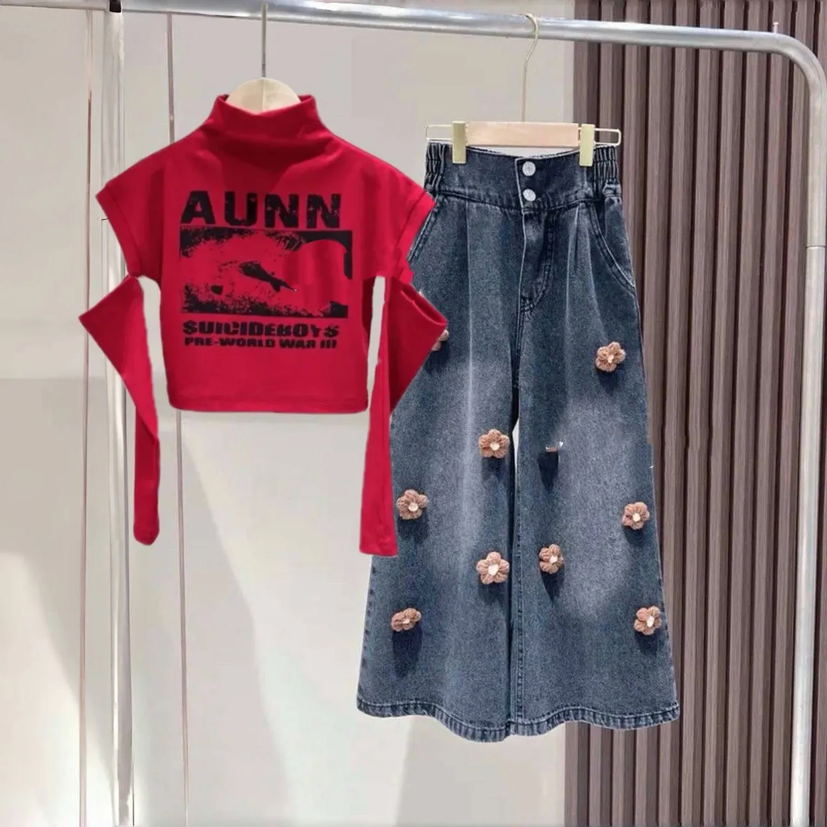 

Girls' Spring and Autumn Set New Children's Design Long Sleeve Top Cowboy Wide Leg Pants Two Piece Set Kids Summer Outfit