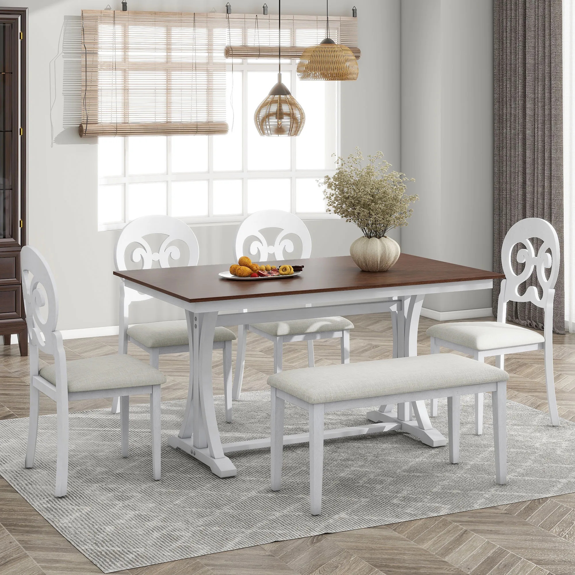 TOPMAX Mid-Century 6-Piece Trestle Table Set with Victorian Round Upholstered Dining Chairs and Long Bench