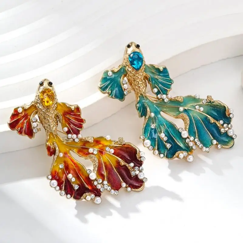 Light Luxury Rhinestone Long-tail Goldfish Brooch Enamel Sea Animal Fish Brooch For Party Backpack Gifts Jewelry Accessories