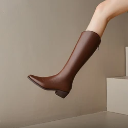 Kaky's New Square Head Cowhide Mid Heel Genuine Leather Cowhide Women's Boots High Sleeve Boots Long Boots Western Boots