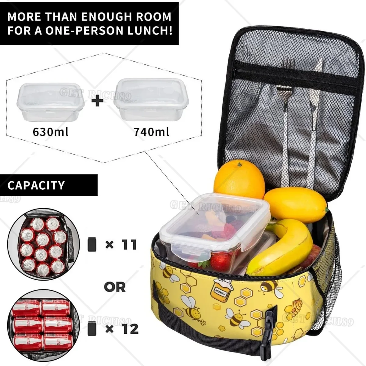 Cute Cartoon Bee Lunch Box Insulated Reusable Yellow Lunch Bag for Teen Girls Women Portable Thermal Leakproof  Tote Cooler Bags