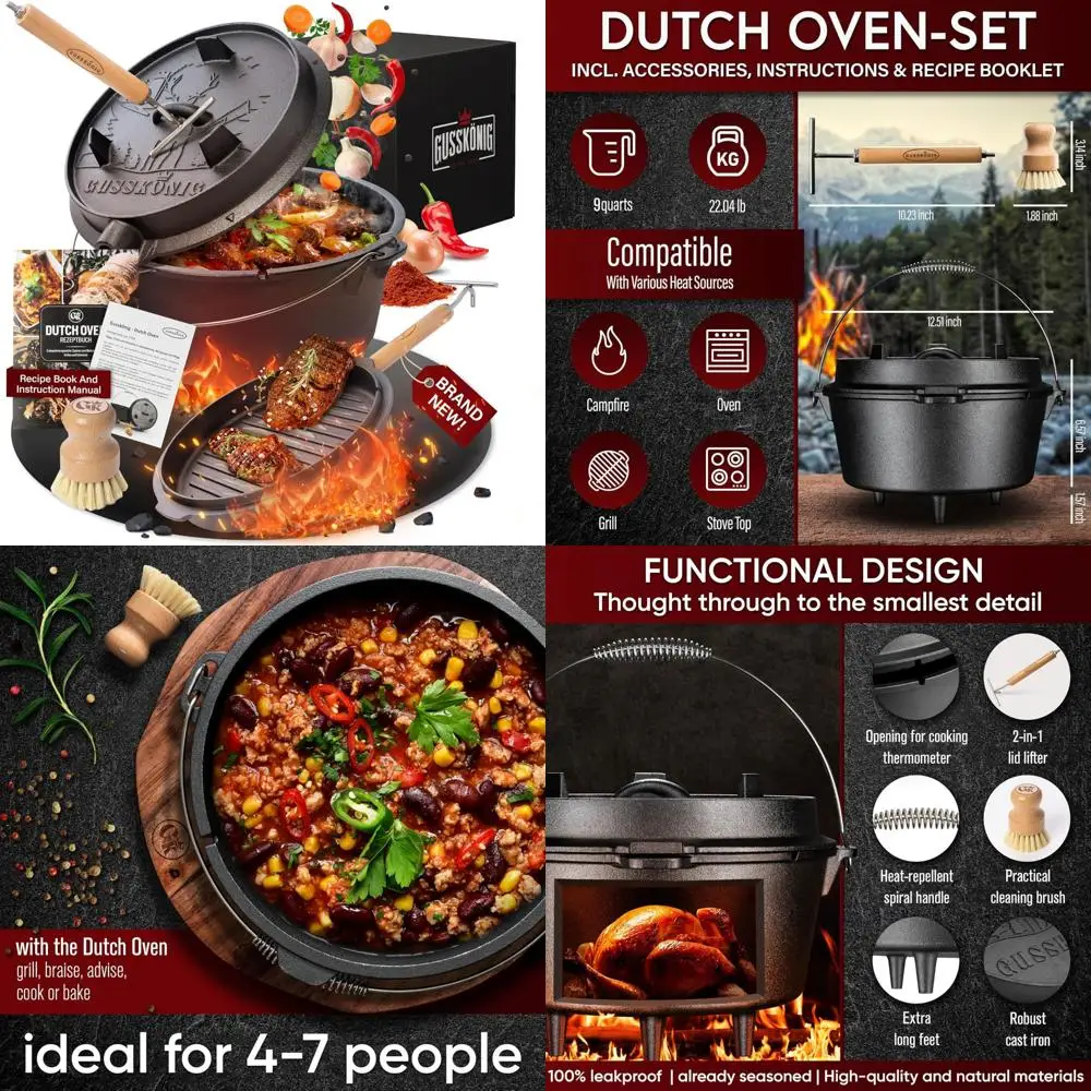 

Чугунная голландская кастрюля с крышкой - 9-литровая, огненная кастрюля для выпечки хлеба и приготовления пищи, идеально подходит для приготовления пищи на открытом воздухе и крупных блюд