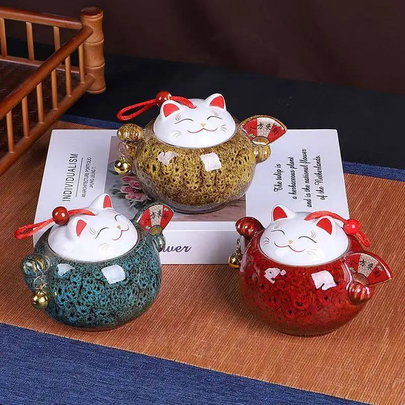 Cartoon Cute Cat Kiln Glazed Ceramic Sealed Jar, Storage Bottle, Tea Jar, Kitchen Storage Container, Ceramic Crafts Ornament
