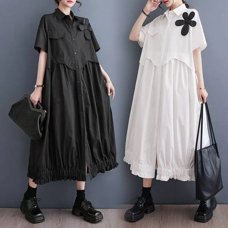 

Flower Appliques Turn-down Collar Split Joint Shirt Dress Women Summer Short Sleeve Casual Loose Midi Dresses Black White