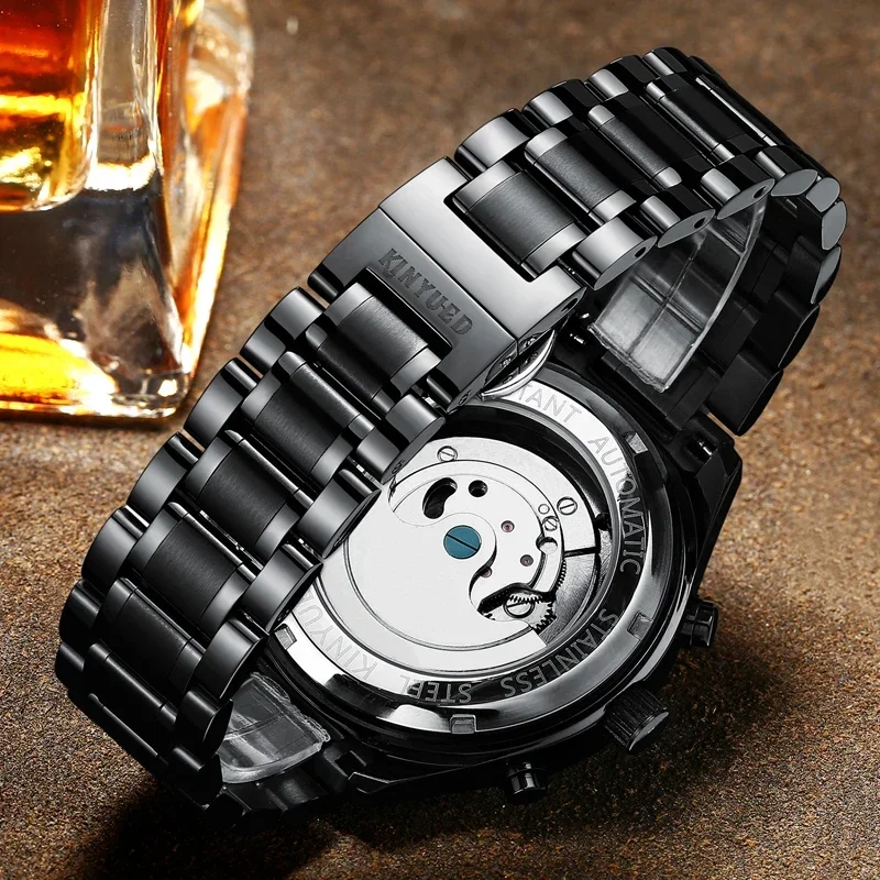 Kinyued Men\'s Classic Skeleton Watch Male Automatic Mechanical Wrist Watches Business Waterproof Hand Clock for Man Reloj Hombre