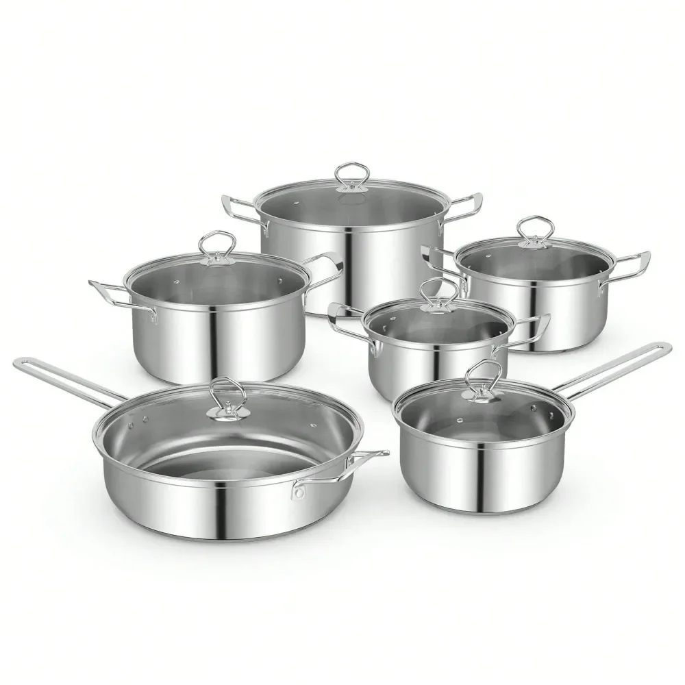 

12 PCS Pots Pans Set With Tempered Glass Lids Handles 3Ply Base 4 Stockpots