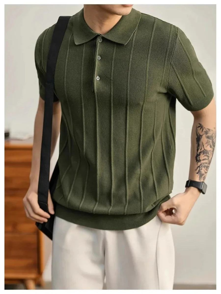 

Light Green Knitted Slim Fit Polo Shirt Men Summer Combed Cotton Short Sleeve Striped Paul Shirt Breathable Casual Fashion