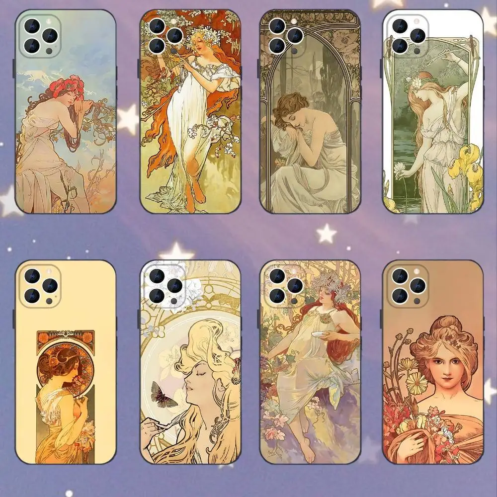 

Vintage Alphonse Mucha Phone Case For iPhone 16e,16,15,14,13,12,11,Pro,X,XS,Max,XR,Plus,Mini Soft Black Cover