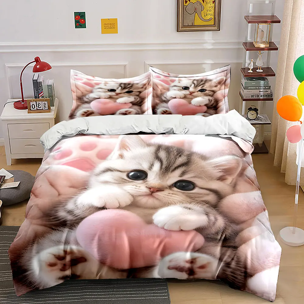 Cute kitten holding pink heart toy Printed Duvet Cover Set1 Duvet Cover+2 PillowcaseMulti Size Bedroom Bedding Decor