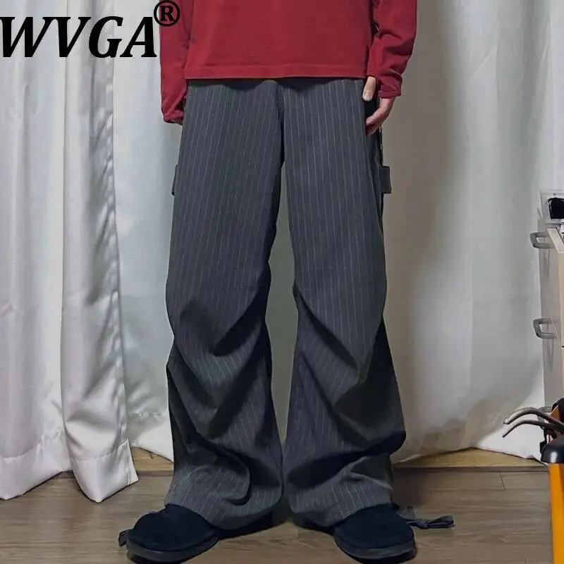 WVGA Spring Autumn New Men Retro Three-dimensional Pleated Striped Wide-leg Trousers Niche Casual Safari Style Pants Ins W26365