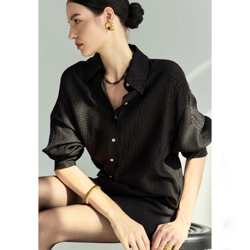 High End Black Crocodile Pattern Shirt 2024 Autumn New Style High End Professional OL Style Versatile Light Luxury Top