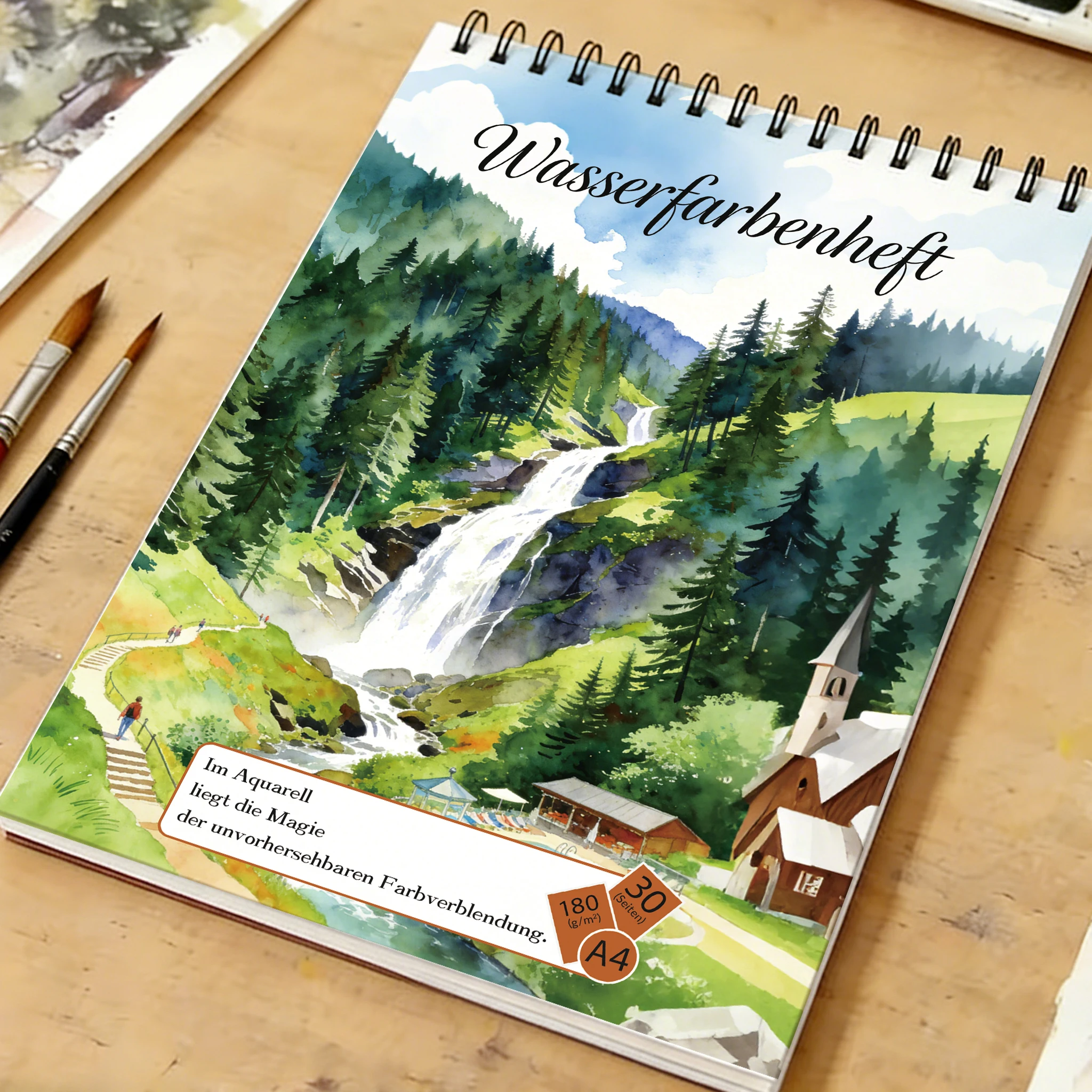 

Альбом для акварели А4 на спирали, бумага 180 г/м² без кислот, обложка с изображением водопада и лесного пейзажа, идеально подходит для рисования и скетчинга, идеальный вариант.