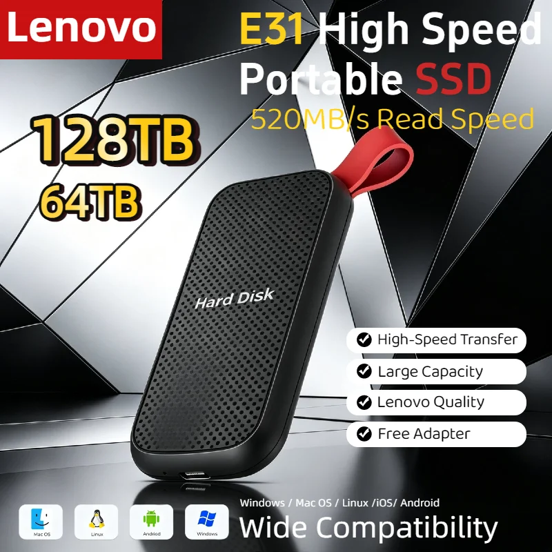 

Внешний SSD-накопитель Lenovo 4 ТБ, USB 3.1, портативный жесткий диск, высокоскоростное мобильное хранилище для ноутбуков, PS5, телефонов, игровых данных и резервного копирования