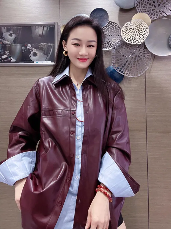 Women's Grape Purple PU Leather Jacket Coat Blue Shirt Two-Piece Set Spring Autumn New Style Retro Layering Casual Fashion image 2