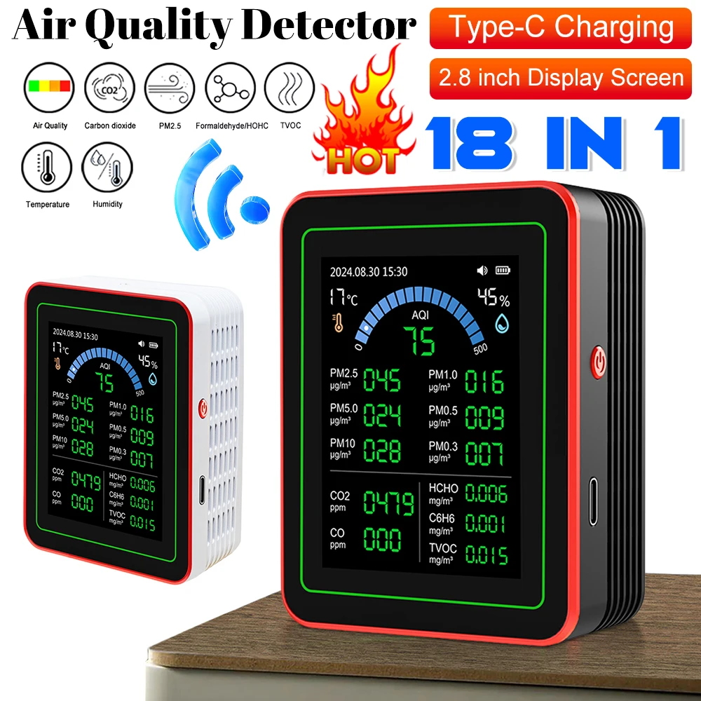 

18 In 1 Professional Air Quality Detector Detect 6AQI HCHO PM2.5 PM10 CO2 Portable Air Quality Tester for Home Hotel Office Car