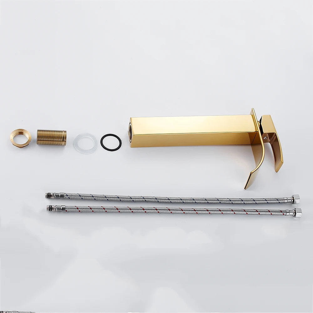 مربع بالوعة الحمام صنبور ، النحاس الذهب ، مقبض واحد ، شنت سطح السفينة ، المرحاض ، خلاط الساخن والبارد ، صنبور المياه ، جديد #2