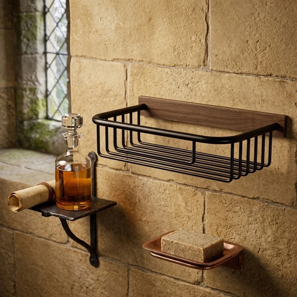 Hanging Storage Basket Medieval Style for Bathroom Kitchen No Drill Installation Ventilated Two Tier Organizer Aluminum
