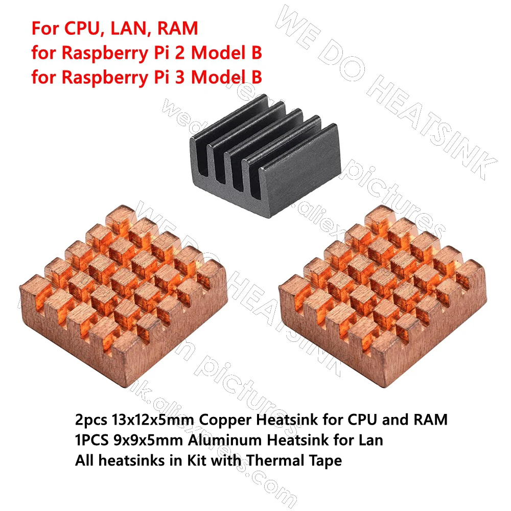 3pcs Copper and Aluminum Heatsink Set Cooling Cooler Kit Radiator With Thermal Tape Assembly For Raspberry Pi 2 / 3 Model B
