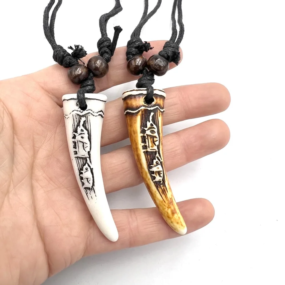 Vintage-Halskette mit geschnitztem Elefantenzahn-Design aus Kunstharz für Männer und Frauen, Tierzahn-Anhänger, Amulett, Schmuck, Geschenke