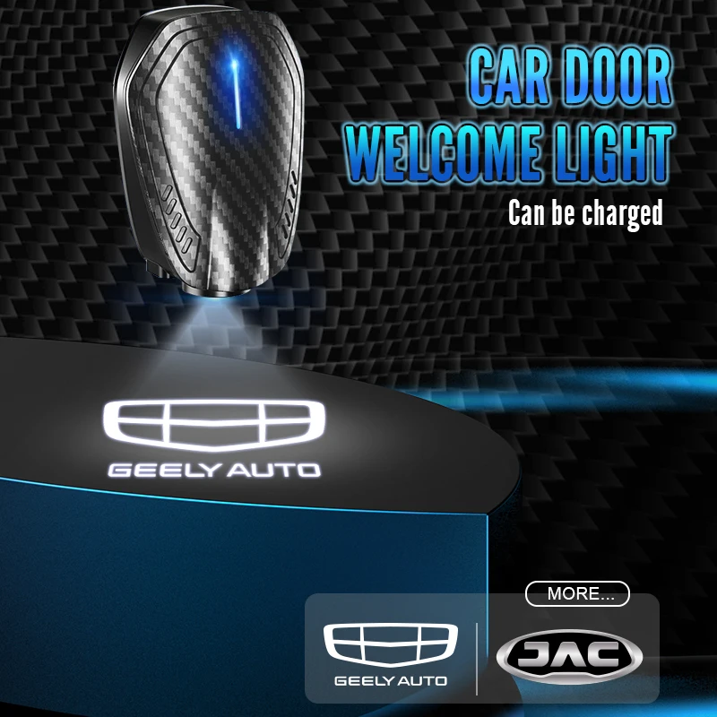 USB recarregável LED porta de carro luz, lâmpada do projetor de cortesia, logotipo para JAC, Geely Emgrand, Atlas, GC6, GC9, EC7, Refine, J2, J3, J5, 2pcs