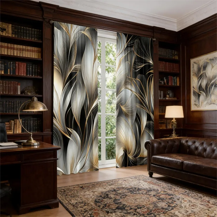 2PCS Digital Print Curtain, Silver Gray Leaf Botanical Elegant, Modern Metallic Foliage for Bedroom Living Room Kitchen
