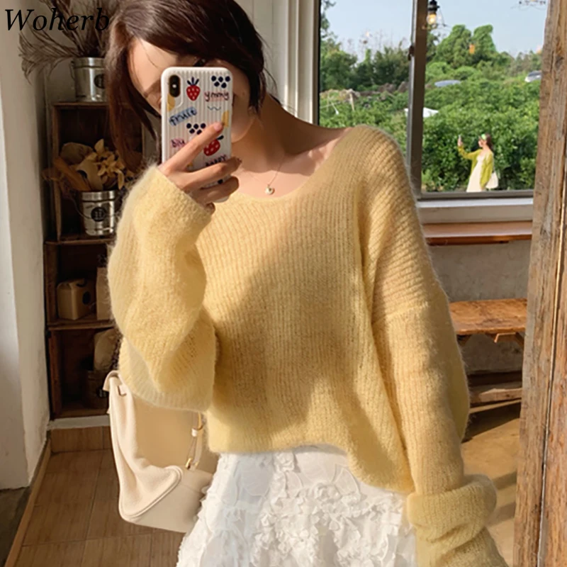 Woherb 2024 New Chic Mohair Thin Hollow Out Tops Women Capes Pullover Vintage Summer Jumper Femme Korean Crop Knitwear