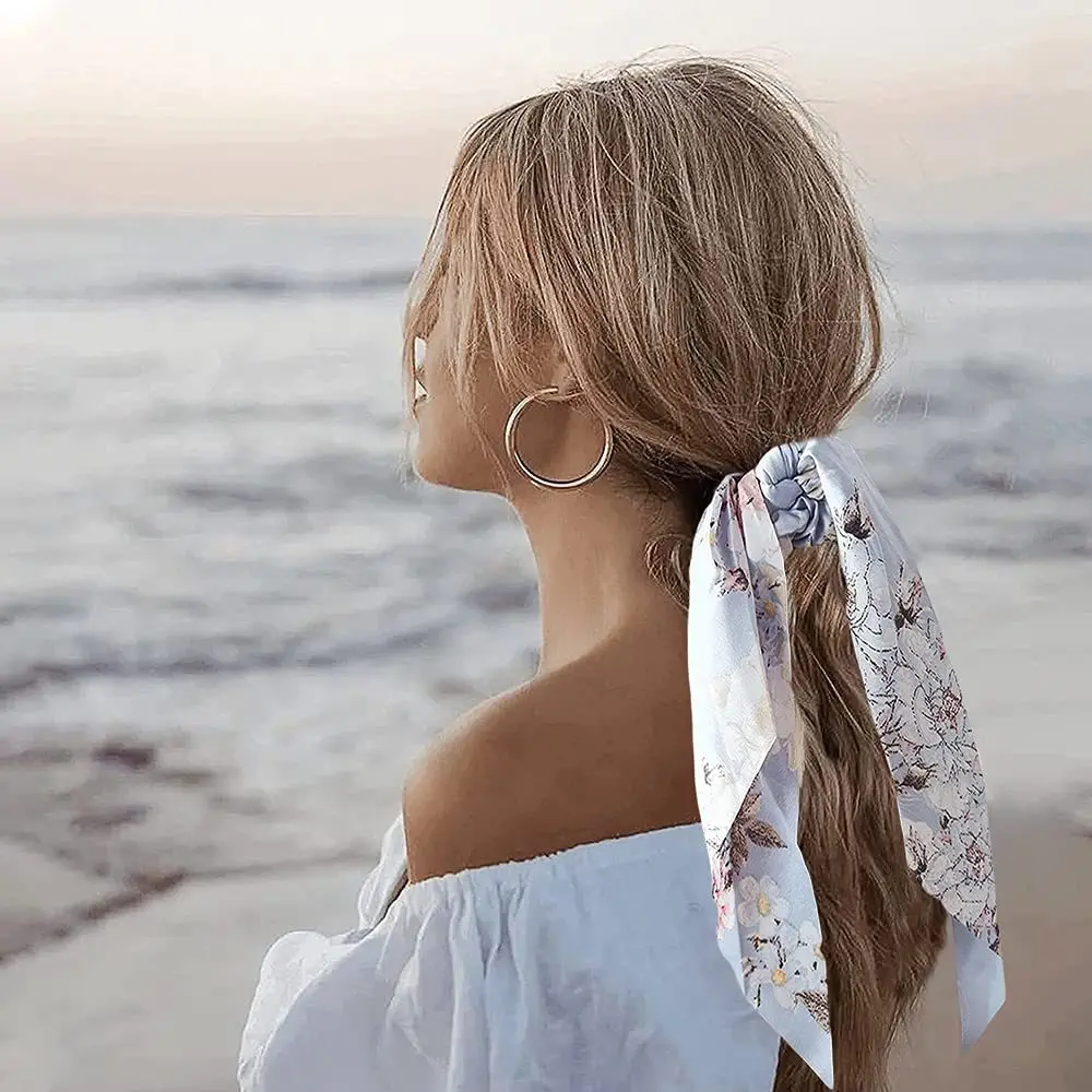 Long Floral Fabric Ribbon Hair Tie European and American Style Women's Knotted PonyTail Hair Tie