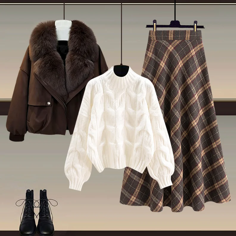 

Зимний женский модный комплект: пальто с меховым воротником, клетчатая юбка, свитер — теплая и удобная хлопковая одежда из трех предметов