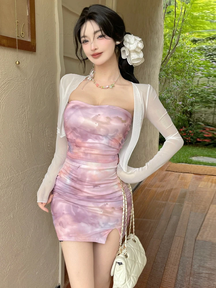 Sexy Fashionable One-Shoulder Mesh Print Slim-Fit Tube Top Dress Long Sleeve Open Cardigan Top Elegant Set Women's Clothing