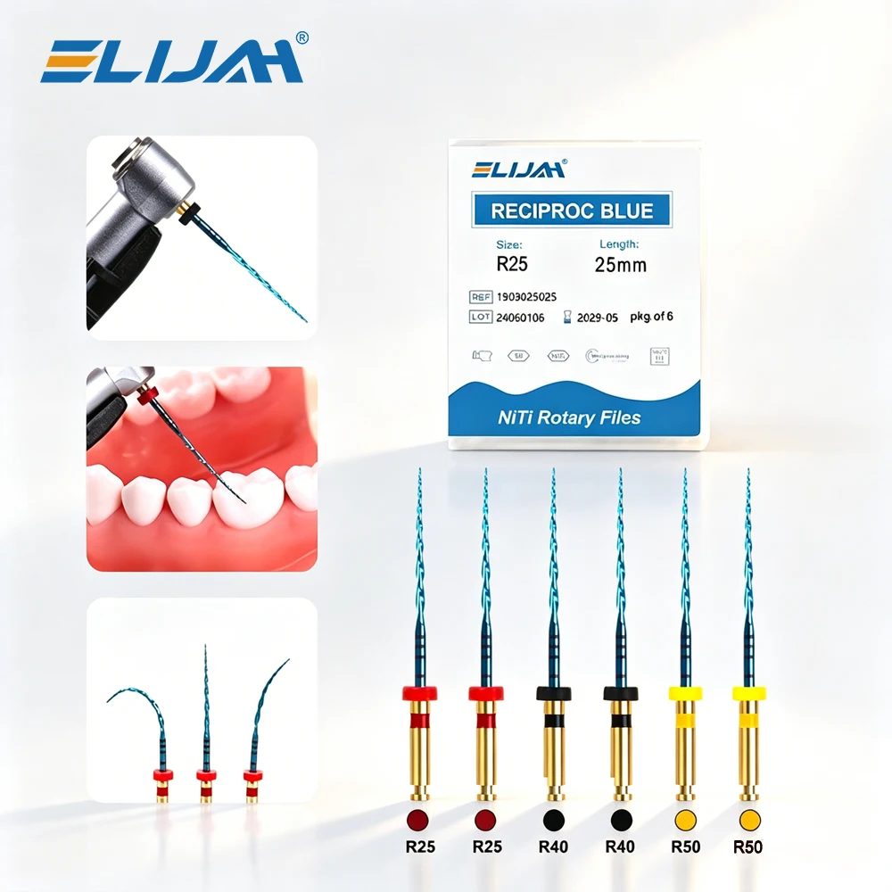 

ELIJAH 6Pcs Dental Reciproc Blue Endodontic Files Engine Use 25mm R25 R40 R50 Heat Activation Niti Rotary Root Canal Files