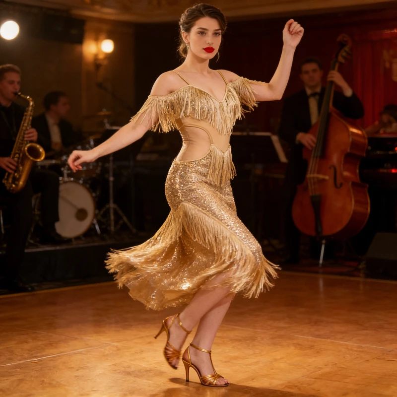 Sparkly Stage Performance Costume Women's Fringe Latin Dance Dress Irregular Hem Belly Dance Competition Skirt